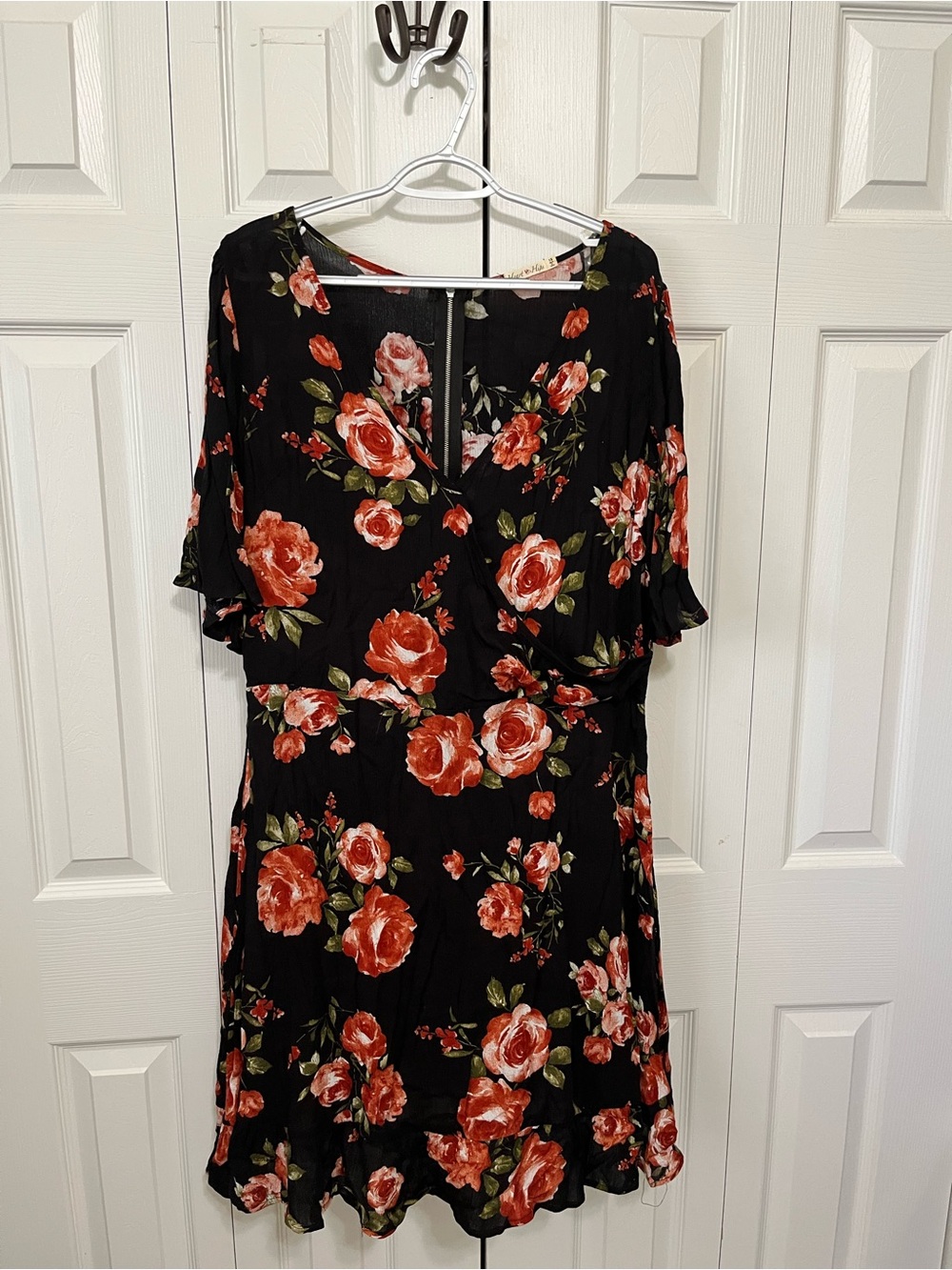Heart Hips Black Floral Wrap-Style Dress with Red Roses